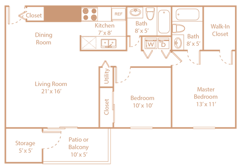 Floor plan for 2 beds, 2 baths, 982 sqft